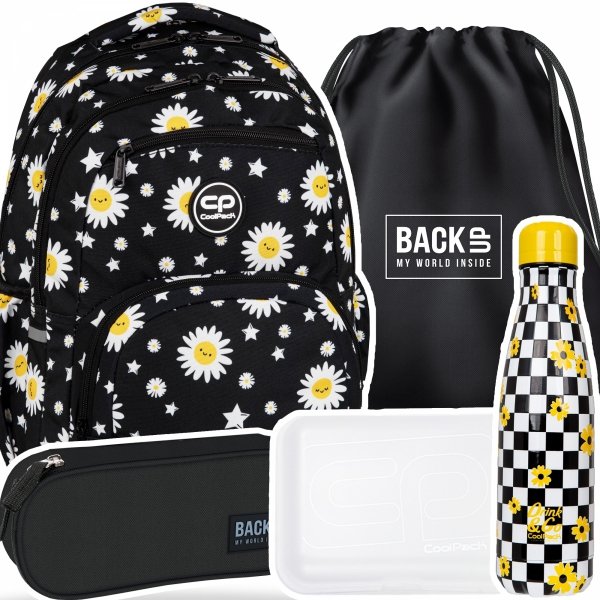 ZESTAW 5 el. Plecak CoolPack PICK  23 L stokrotki, DAISY BLACK (F099817SET5CZ)