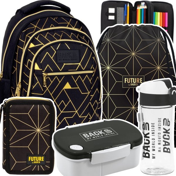 ZESTAW 5 el. Plecak szkolny młodzieżowy BackUP 26 L złote wzory, GEOMETRIC GOLD (PLB6O23SET5CZ)