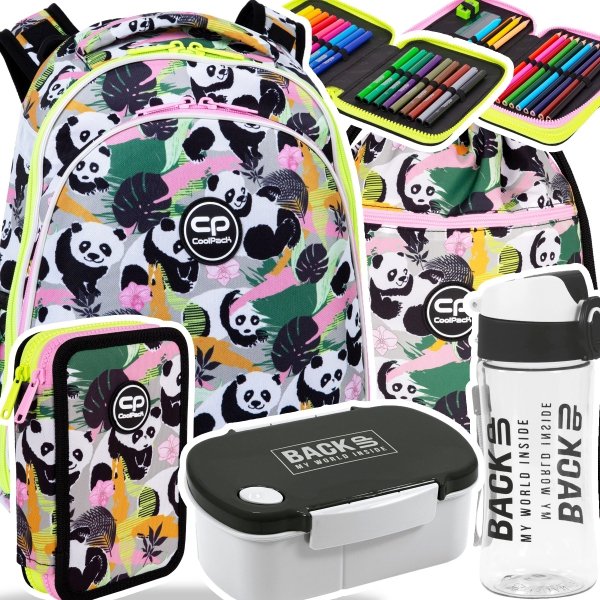 ZESTAW 5 el. Tornister Plecak CoolPack TURTLE  25 L pandy, PANDA GANG (F015829SET5CZ)
