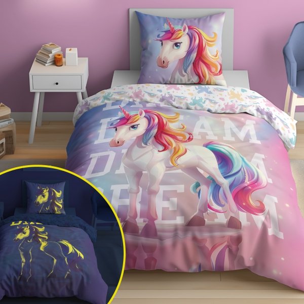Pościel świecąca w ciemności UNICORN Jednorożec 160 x 200 cm (5208)