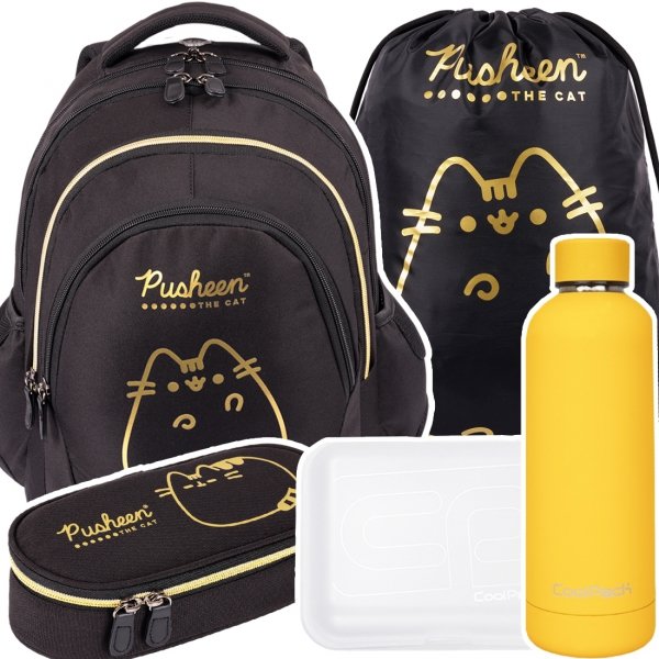 ZESTAW 5 el. Plecak szkolny młodzieżowy St.Right PUSHEEN GOLD Kot Kotek BP6 (63154SET5CZ)