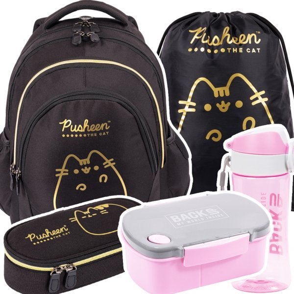 ZESTAW 5 el. Plecak szkolny młodzieżowy St.Right PUSHEEN GOLD Kot Kotek BP6 (63154SET5CZ)