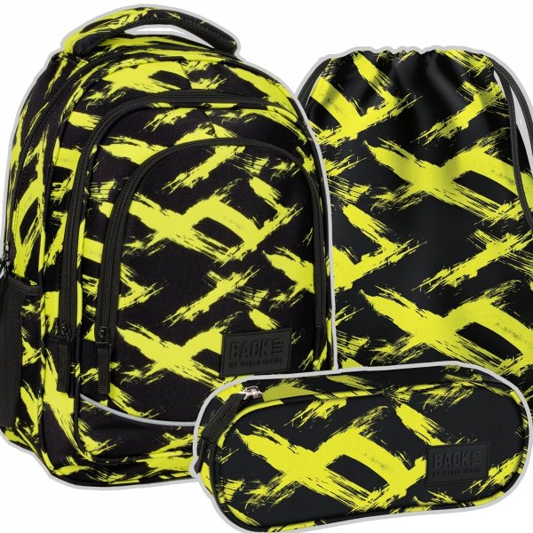 ZESTAW 3 el. Plecak szkolny młodzieżowy BackUP 26 L limonkowe wzory, NEON (PLB6X54SET3CZ)
