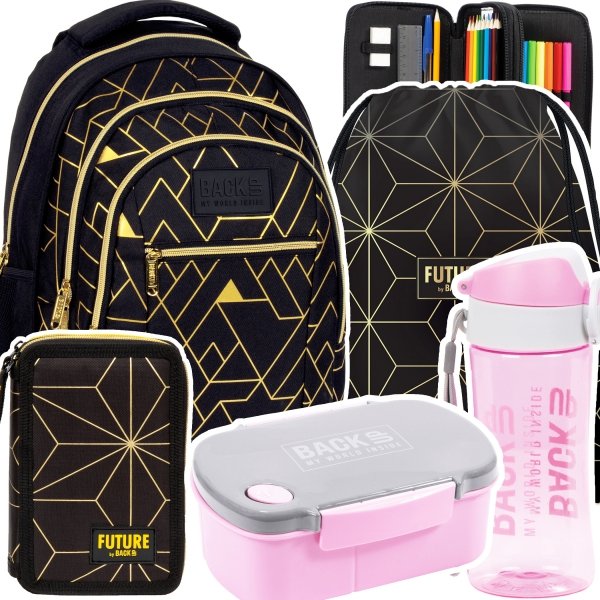 ZESTAW 5 el. Plecak szkolny młodzieżowy BackUP 26 L złote wzory, GEOMETRIC GOLD (PLB6O23SET5CZ)