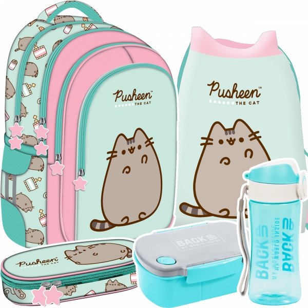 ZESTAW 5 el. Plecak wczesnoszkolny ST.Right PUSHEEN MINT Kot Kotek BPL-58 (63178SET5CZ)