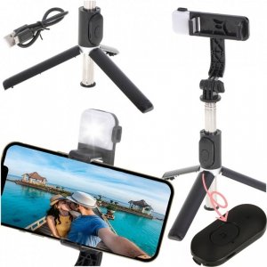 Kijek do selfie z pilotem Bluetooth statyw tripod lampka LED czarny