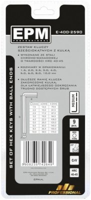 KOMPLET KLUCZY IMBUSOWY &#039;&#039;HEX&#039;&#039; TYP L 9SZT Z KULKĄ ŚREDNIE