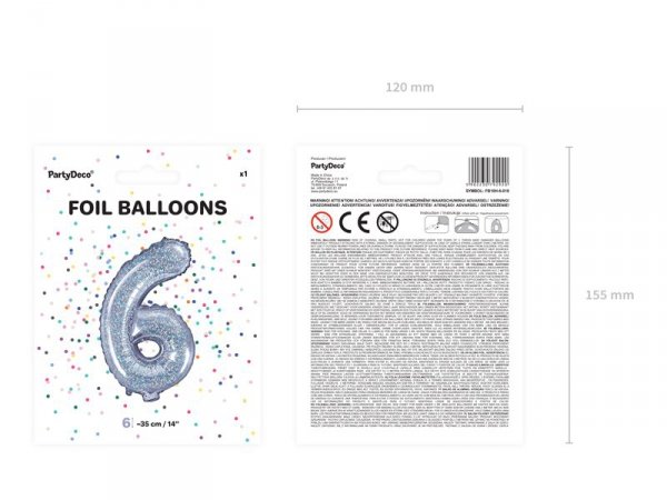 Balon foliowy Cyfra ''6'', 35cm, holograficzny