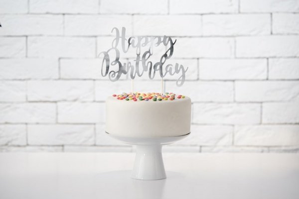 Topper na tort Happy Birthday, srebrny, 22,5cm