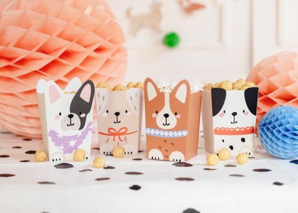 Pudełka na popcorn Pieski, 8,7x8,7 cm, mix (1 karton / 40 op.) (1 op. / 6 szt.)