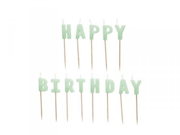 Świeczki urodzinowe Happy Birthday, 2,5 cm, jasny zielony (1 karton / 24 op.) (1 op. / 13 szt.)