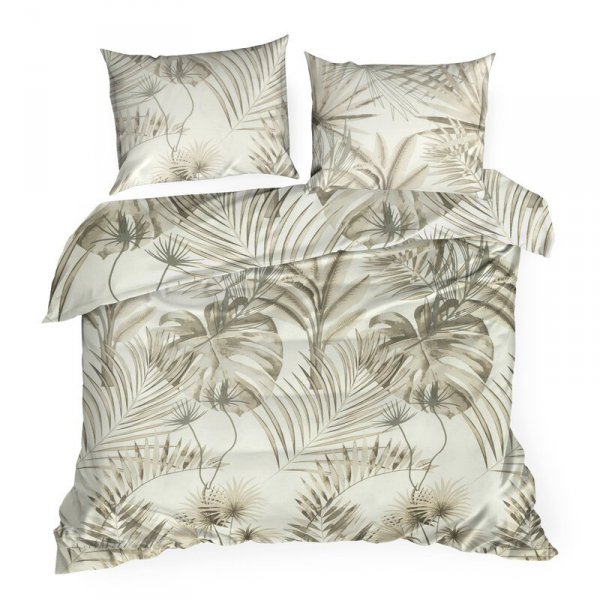Pościel 220x200 cm bawełniana kolor beżowy, stalowy z wzorem egzotycznych liści NINA