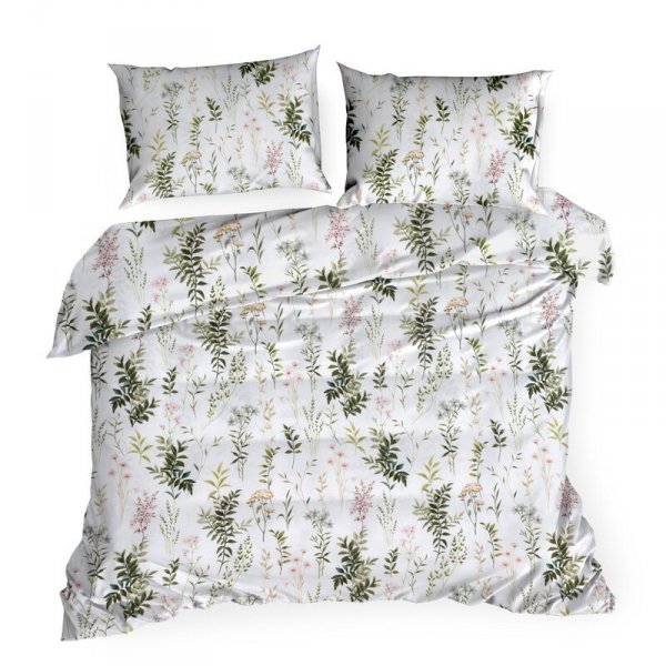 Pościel 160x200 cm bawełniana kolor biały, ciemnozielony z wzorem roślinnym VANESS