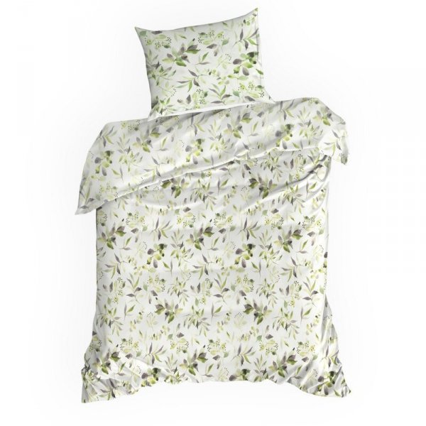 Pościel 220x200 cm bawełniana kolor biały, zielony wzór roślinny MILI