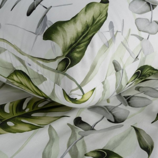 Pościel 160x200 cm bawełniana kolor biały, zielony z wzorem egzotycznych liści ELEN