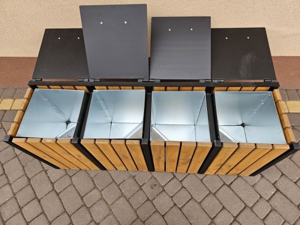 5 komorowy kosz parkowy miejski do segregacji odpadów z pokrywami metalowy drewniany ocynk 5 x 45L 