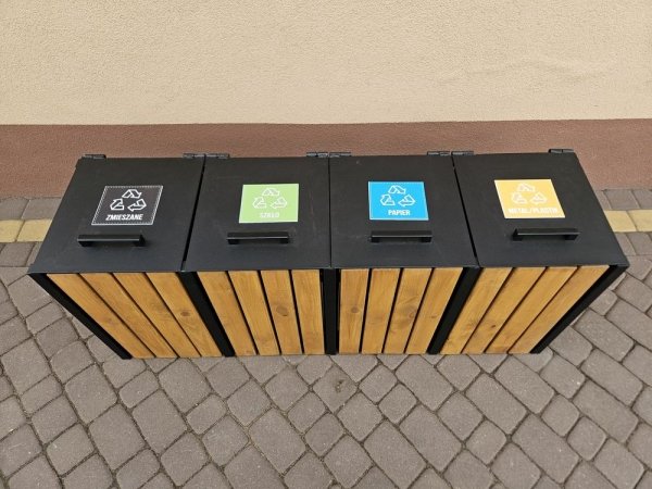 5 komorowy kosz parkowy miejski do segregacji odpadów z pokrywami metalowy drewniany ocynk 5 x 45L 