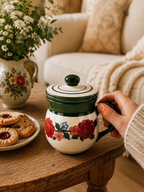 KUBEK CERAMICZNY Z ZAPARZACZEM I POKRYWKĄ DO PARZENIA HERBATY 250ML