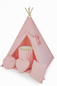 NAMIOT TIPI / WIGWAM RÓŻOWY - ZESTAW Z PODUSZKAMI, KOSZEM I GIRLANDĄ
