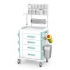 Wózek anestezjologiczny VITAL seria AVIT-41: blat ABS z bandami, szafka z 4 szufladami, blat boczny wysuwany, 3 uchylne pojemniki z PLEXI, nadstawka na 11 poj. (5+6)