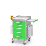 Wózek anestezjologiczny ANS-05/KO: szafka z 5 szufladami, blat boczny wysuwany, pojemnik na zużyte igły, 2 pojemniki na cewniki, kosz kolanowy, zamek centralny