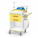 Wózek reanimacyjny REN-02/ST: szafka z 2 szufladami, blat boczny wysuwany, koszyk, kroplówka, kosz kolanowy, półka pod defibrylator, deska do RKO