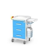 Wózek anestezjologiczny ANS-03/ABS: szafka z 3 szufladami, blat boczny wysuwany, pojemniki na narzędzia i na zużyte igły, kosz na odpady