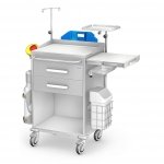 Wózek reanimacyjny REN-02/KO: szafka z 2 szufladami, blat boczny wysuwany, koszyk, kroplówka, kosz na odpady, półka pod defibrylator, uchwyt do butli, deska do RKO 