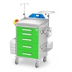 Wózek reanimacyjny REN-05/KO: szafka z 5 szufladami, blat boczny wysuwany, miska, koszyk, pojemniki na rękawiczki i na zużyte igły, kroplówka, kosz na odpady, półka pod defibrylator, deska do RKO 