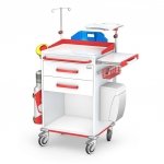 Wózek reanimacyjny REN-02/ST: szafka z 2 szufladami, blat boczny wysuwany, pojemnik na zużyte igły, koszyk, kosz kolanowy, kroplówka, półka pod defibrylator, uchwyt do butli, deska do RKO