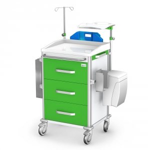 Wózek Vital reanimacyjny RVIT-30: blat ABS z bandami, szafka z 3 szufladami, 3 szyny, pojemnik na zużyte igły, kroplówka, półka pod defibrylator, uchwyt butli, deska RKO