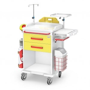 Wózek reanimacyjny REN-02/ABS: szafka z 2 szufladami, blat boczny wysuwany, pojemniki na narzędzia i na zużyte igły, kroplówka, kosz na odpady, półka pod defibrylator, uchwyt do butli, deska do RKO 