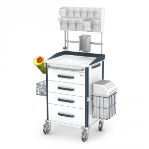 Wózek Vital anestezjologiczny AVIT-40: blat ABS z bandami, szafka z 4 szufladami, nadstawka na 11 poj. (5+6), 5 szyn, miska, pojemnik na cewniki, kroplówka