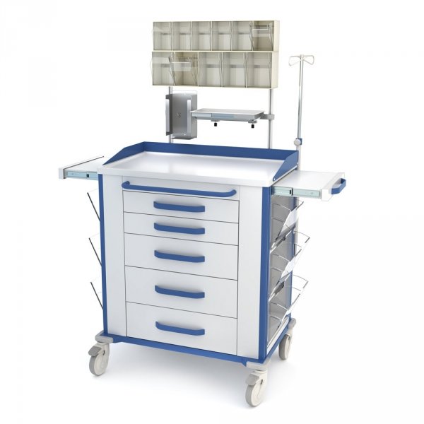 Wózek anestezjologiczny VITAL seria AVIT-52: blat stalowy z bandami, szafka z 5 szufladami, 2 blaty boczne wysuwane, 6 pojemników z PLEXI, nadstawka na 11 poj. (5+6), 3 szyny, pojemnik na narzędzia, pojemnik na rękawiczki, wieszak kroplówki