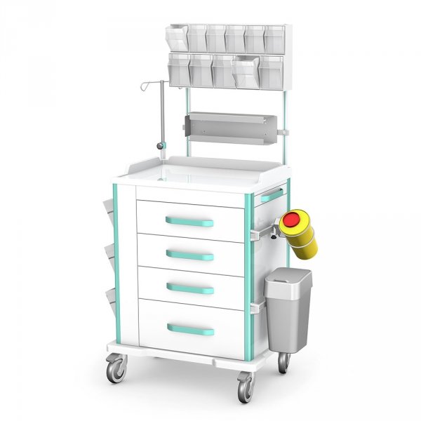 Wózek anestezjologiczny VITAL seria AVIT-41: blat ABS z bandami, szafka z 4 szufladami, blat boczny wysuwany, 3 uchylne pojemniki z PLEXI, nadstawka na 11 poj. (5+6)