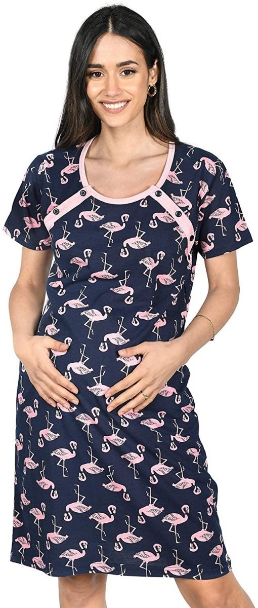 MijaCulture - 2 w 1 koszula nocna i do karmienia  2074 granat flamingi