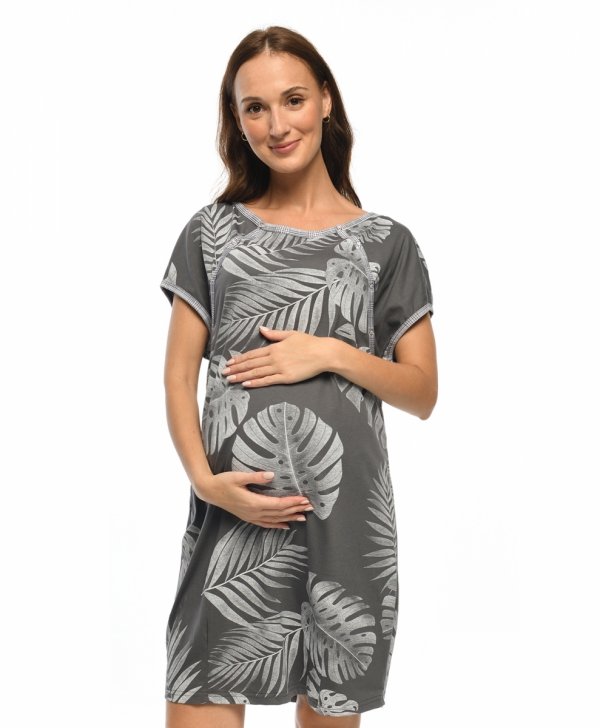 MijaCulture - koszula do porodu 4123 M80 grafit / palmy