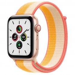 Apple Watch SE 44mm GPS + Cellular Aluminium w kolorze złotym z opaską sportową w kolorze jesiennego liścia/białym