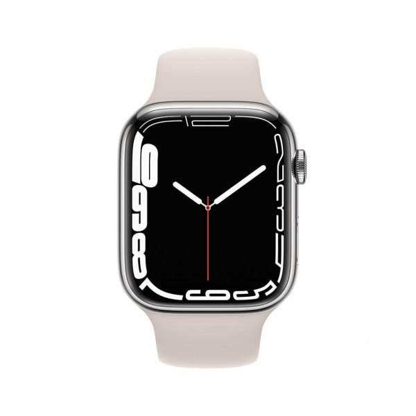 Apple Watch Series 7 45mm GPS + Cellular (LTE) Koperta ze stali nierdzewnej w kolorze srebrnym z paskiem sportowym w kolorze księżycowej poświaty