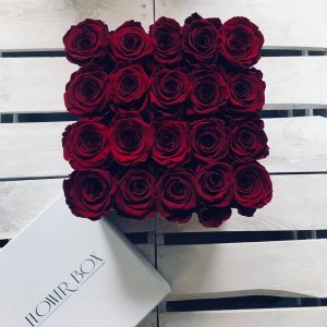 Czerwone żywe WIECZNE róże w kwadratowym białym boxie