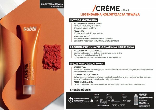 4/43 Crème - Chatain Cuivré doré Profesjonalna Farba do włosów Subtil CREME  60 ml.