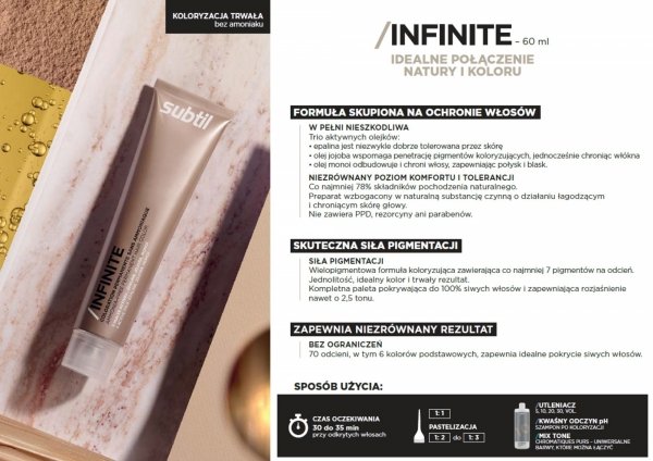 Profesjonalna Farba do włosów Subtil BEZ AMONIAKU trwale kryjąca 60 ml. INFINITE - Blond irisé doré 7/23