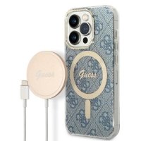 Guess Bundle Pack MagSafe 4G - Zestaw etui + ładowarka MagSafe iPhone 14 Pro (niebieski/złoty) 