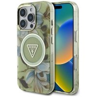 Guess Glitter Flowers Triangle Buttons MagSafe - Etui do iPhone 16 Pro (zielony) 