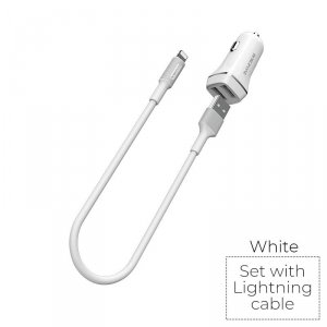 Borofone - ładowarka samochodowa 2x USB kabel Lightning w zestawie, biały