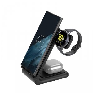 Crong PowerSpot Pivot Stand - Ładowarka bezprzewodowa 3w1 do iPhone, Samsung & Android, Galaxy Watch i słuchawek TWS (czarny) 