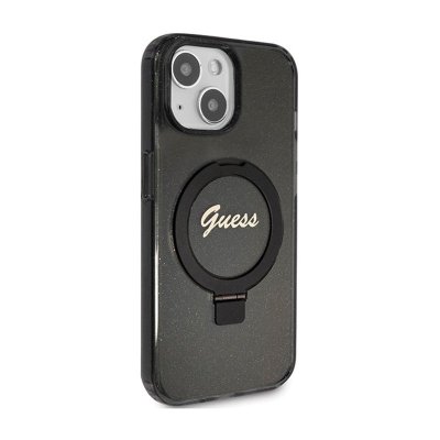 Guess Ring Stand Script Glitter MagSafe - Etui iPhone 15 Plus (czarny)