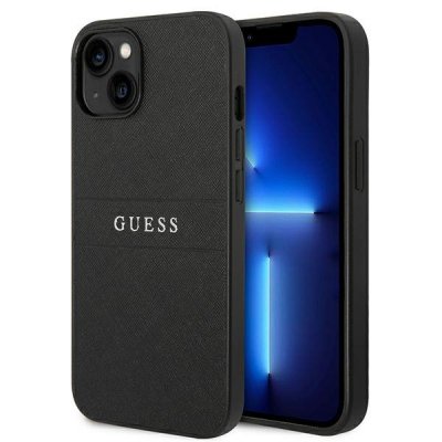 Guess Saffiano Metal Logo Stripes - Etui iPhone 14 Plus (czarny)