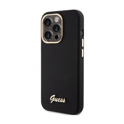 Guess Silicone Script Metal Logo & Frame - Etui iPhone 15 Pro (czarny)
