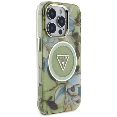 Guess Glitter Flowers Triangle Buttons MagSafe - Etui do iPhone 16 Pro (zielony)